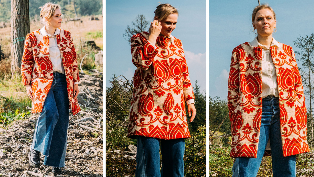 Designerin Sinah Schlemmer im ihrer Upcycling-Kreation: Der Mantel aus Retro-Vorhängen ist ein echter Oxfam-Schatz