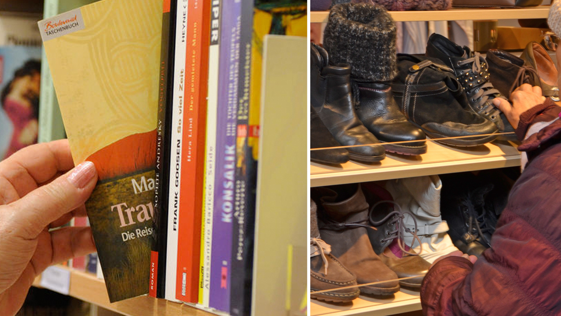 Taschenbücher und Winterschuhe im Oxfam Shop