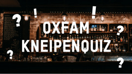 Im Hintergrund ist eine Bar mit einem Flaschenregal zu sehen. Auf dem Bild steht: Oxfam-Kneipenquiz.