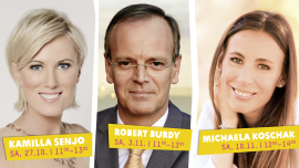 Die MDR-Moderator*innen Kamilla Senjo, Robert Burdy und Michaela Koschak (v.l.)