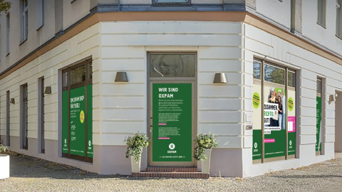 Außenansicht Oxfam Shop Berlin-Tegel mit simulierter Außenbeklebung