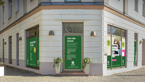 Außenansicht Oxfam Shop Berlin-Tegel mit simulierter Außenbeklebung